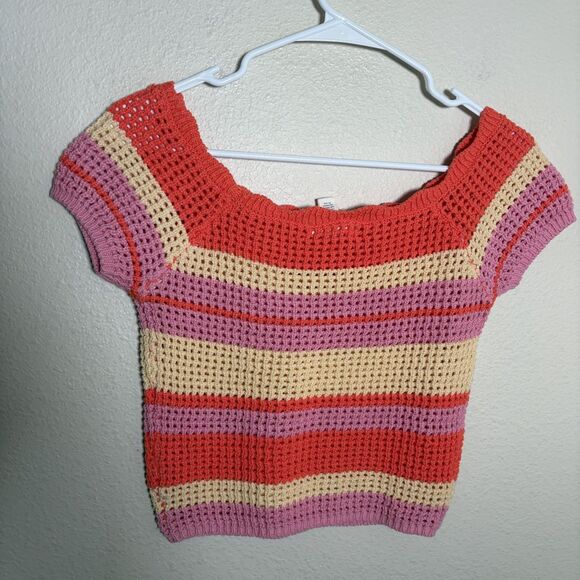 Full Tilt Sweater Women's Small Striped Crochet Knit Cropped Square Neck Top - Picture 4 of 7